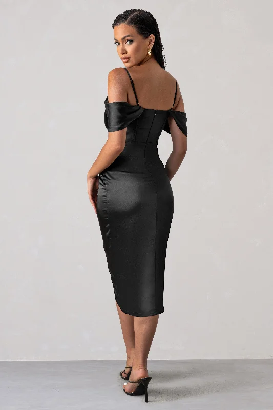 Deserving | Black Satin Bardot Sleeve Corset Wrap Midi Dress