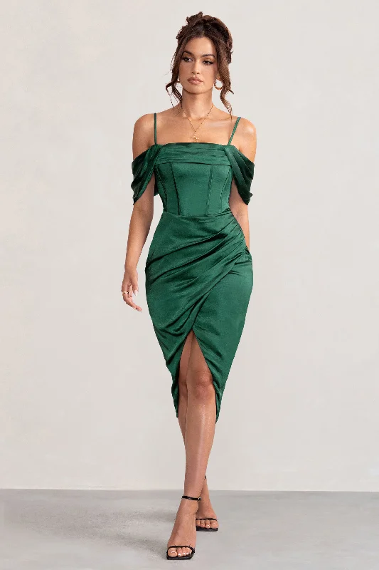 Deserving | Bottle Green Satin Bardot Sleeve Corset Wrap Midi Dress