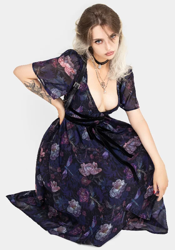 Dragonfly Floral Print Chiffon Handkerchief Hem Dress