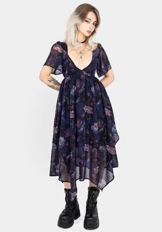 Dragonfly Floral Print Chiffon Handkerchief Hem Dress