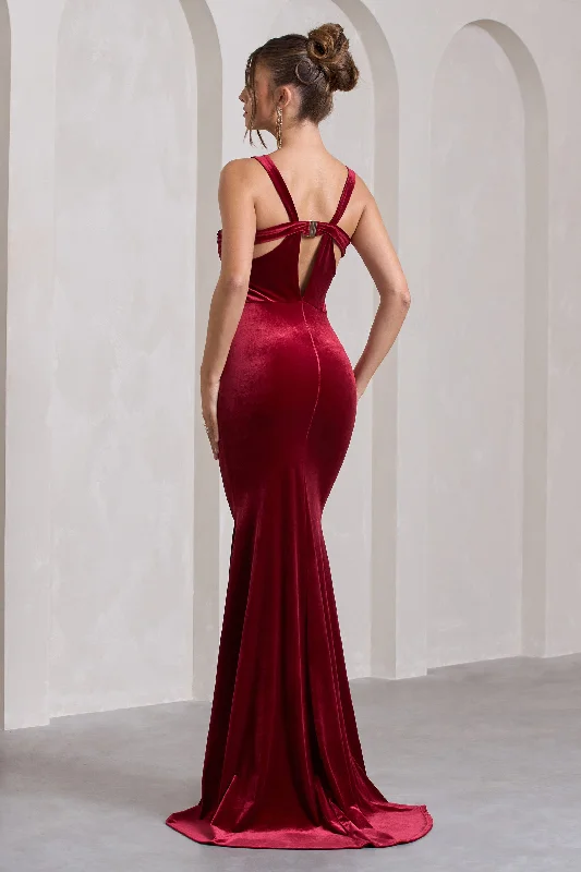 Elisabetta | Berry Velvet Plunge-Neck Fishtail Maxi Dress