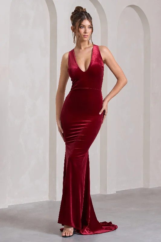 Elisabetta | Berry Velvet Plunge-Neck Fishtail Maxi Dress