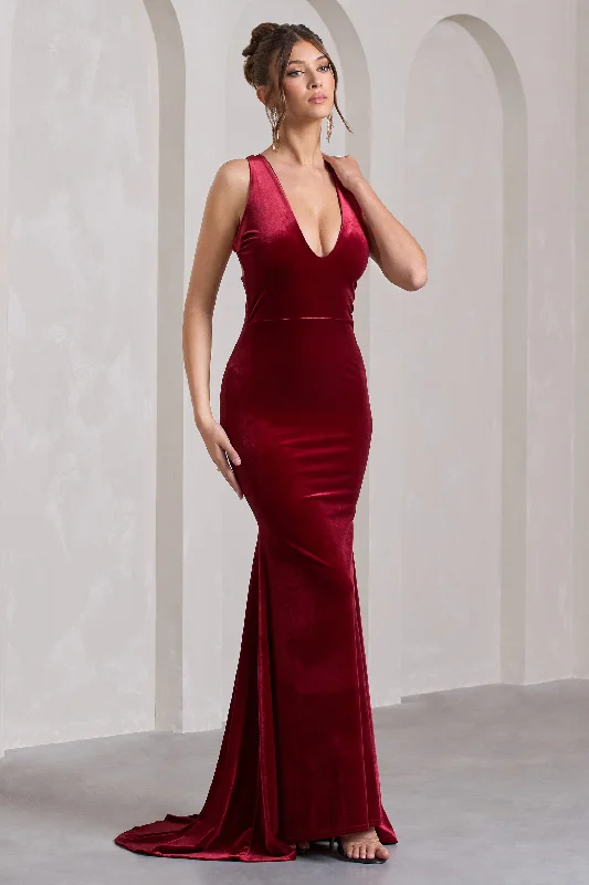 Elisabetta | Berry Velvet Plunge-Neck Fishtail Maxi Dress