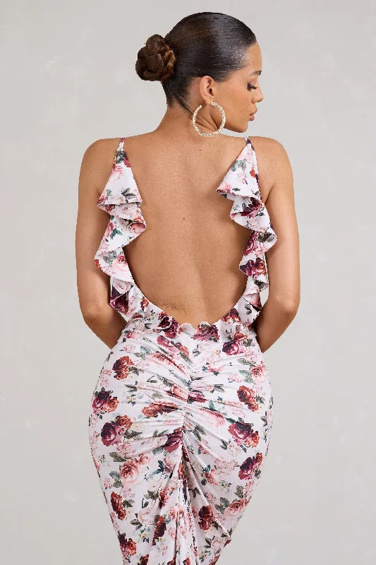 Flute | White Floral Bodycon Maxi Dress With Ruched Ruffled Back