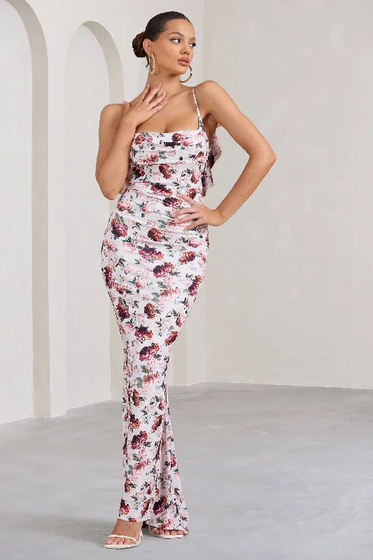 Flute | White Floral Bodycon Maxi Dress With Ruched Ruffled Back