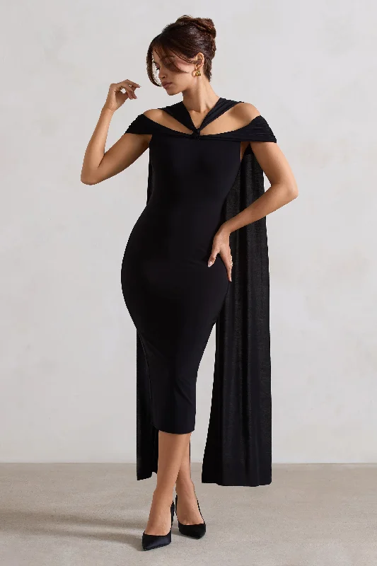 Galia | Black Strappy Midi Dress With Drape