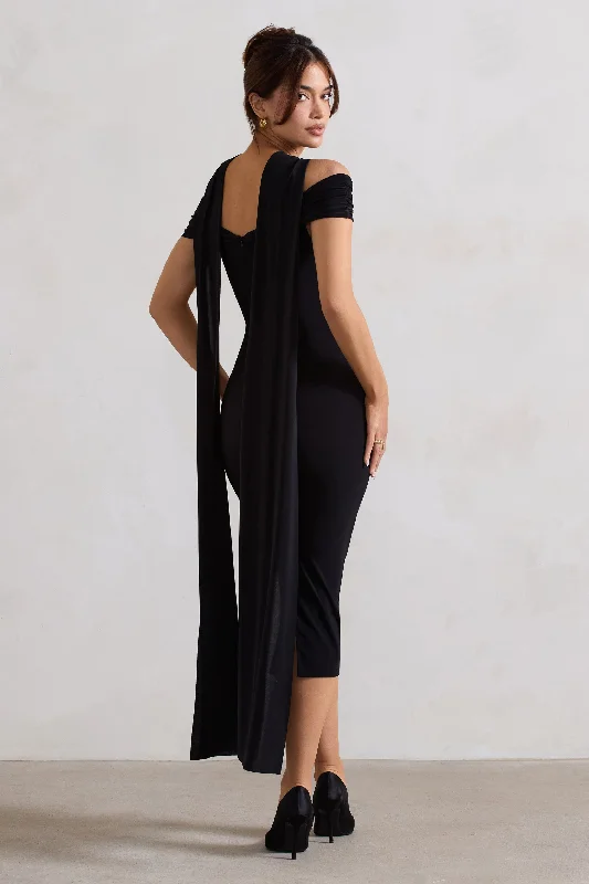 Galia | Black Strappy Midi Dress With Drape