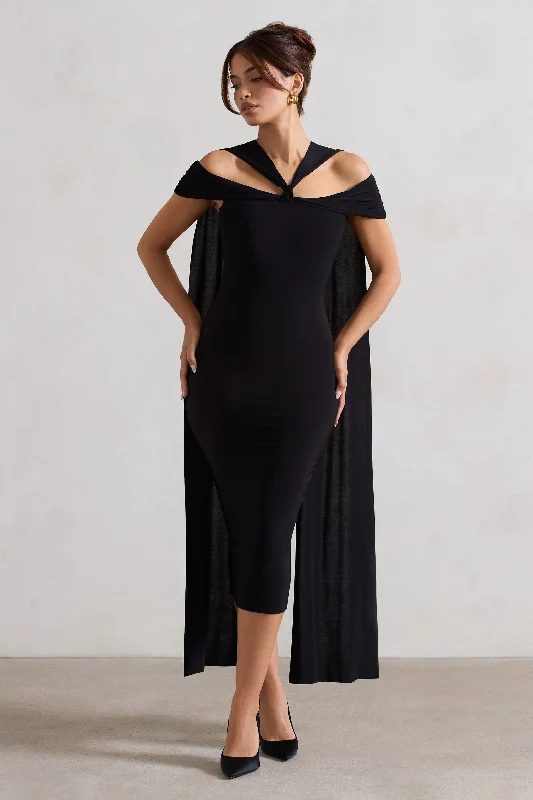 Galia | Black Strappy Midi Dress With Drape