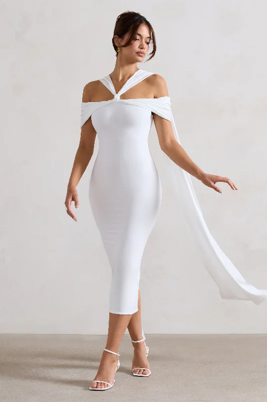 Galia | White Strappy Midi Dress With Drape