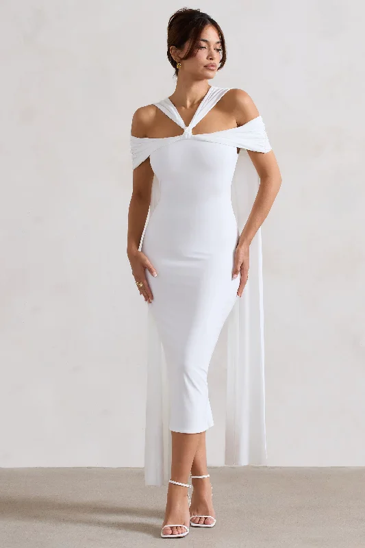 Galia | White Strappy Midi Dress With Drape