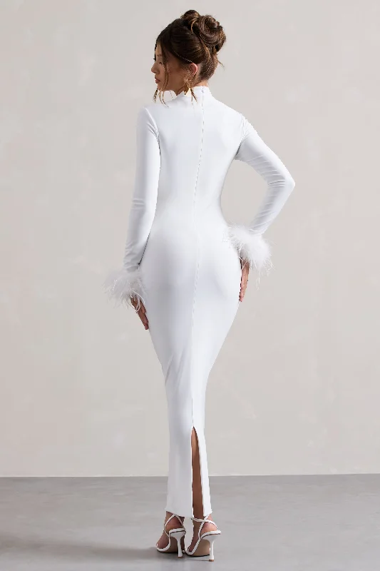 Khalia | White High-Neck Feather-Cuff Maxi Dress