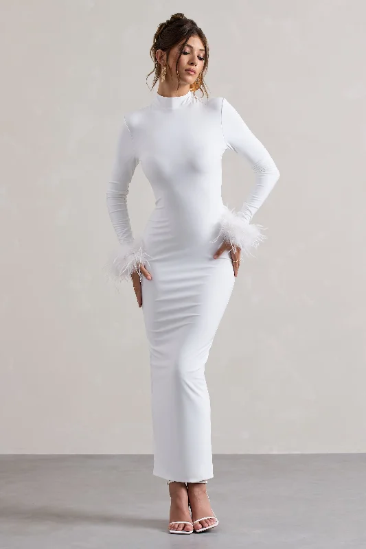 Khalia | White High-Neck Feather-Cuff Maxi Dress