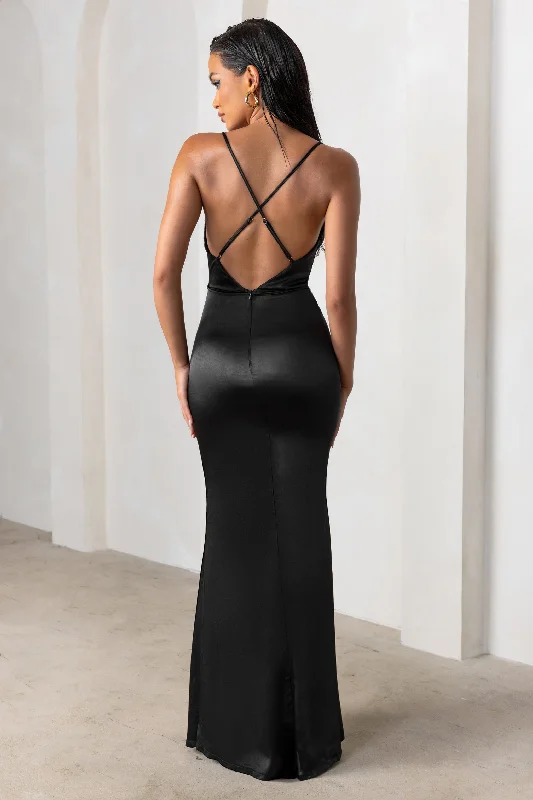 Lifetime | Black Satin Cowl Neck Maxi Dress With Cross Back Detail