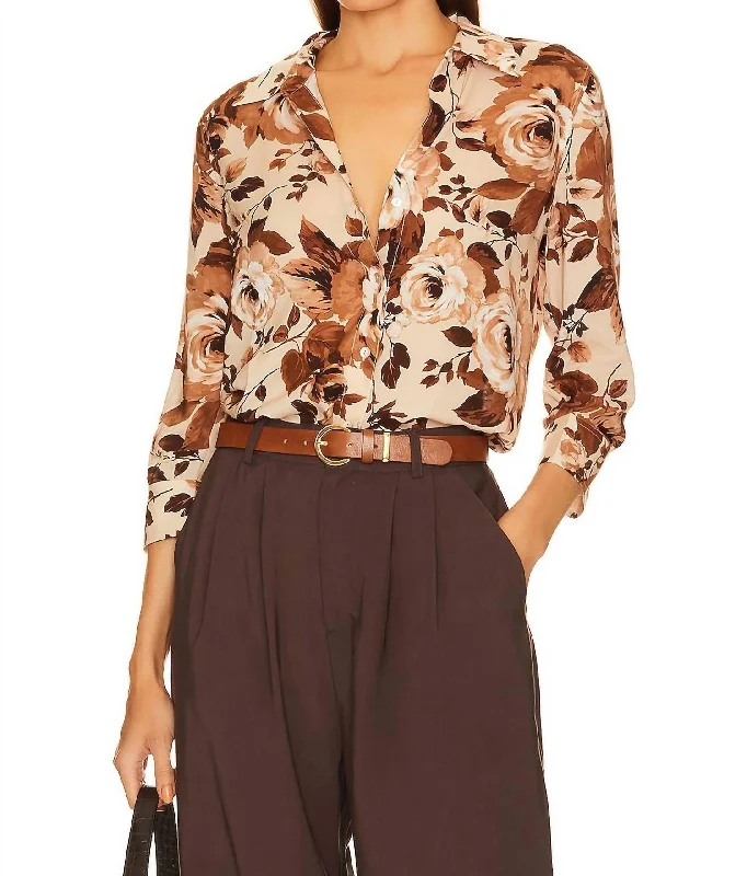 Camille 3/4 Sleeve Blouse In Tan Multi Floral