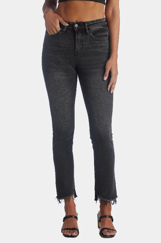 High Rise Straight Crop Uneven Hem Jeans