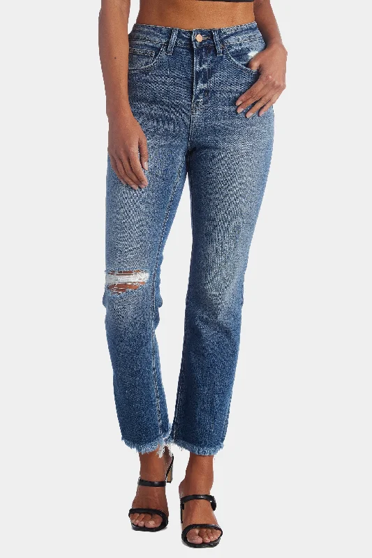 Super High Rise Ankle Straight Frayed Hem Jeans