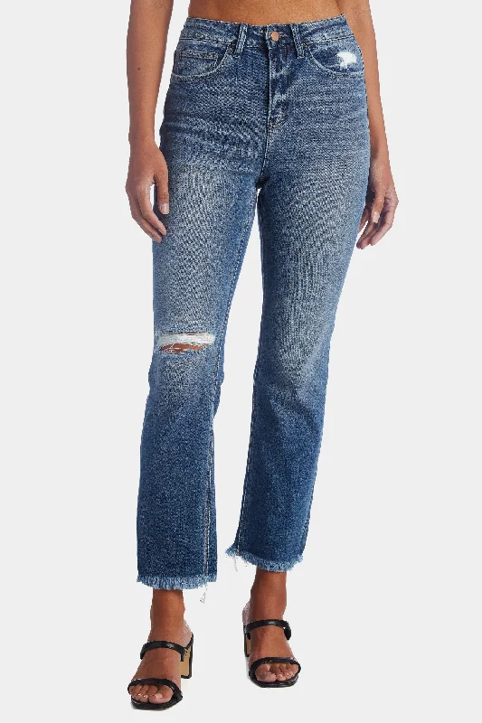 Super High Rise Ankle Straight Frayed Hem Jeans