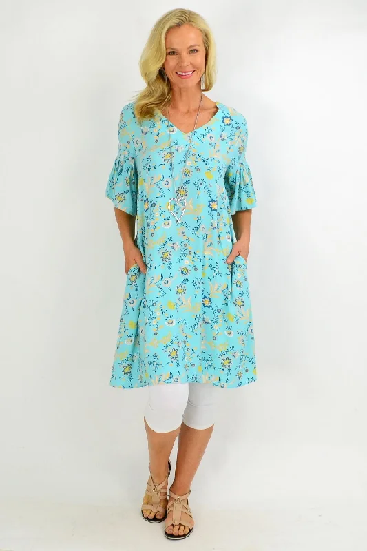 Aqua Pretty Fluted Cuff Floral Tunic Dress