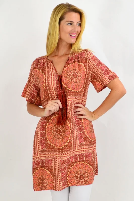 Back to the 70s Tie Up Neck Tunic Dress