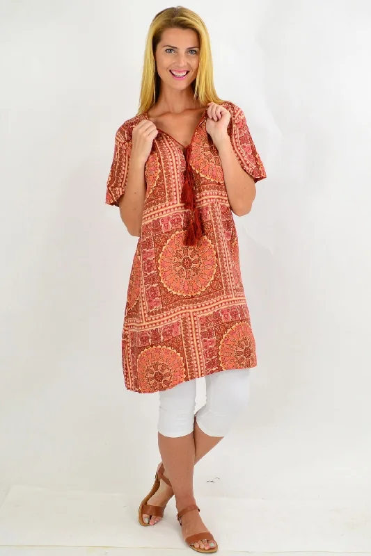 Back to the 70s Tie Up Neck Tunic Dress