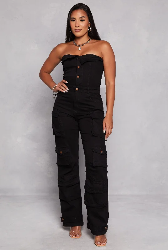 Daisy Denim Strapless Button Front Cargo Jumpsuit