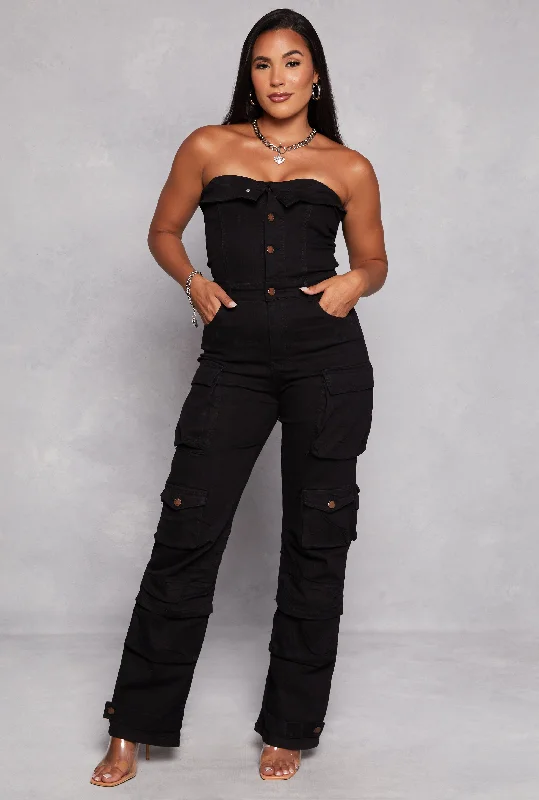 Daisy Denim Strapless Button Front Cargo Jumpsuit