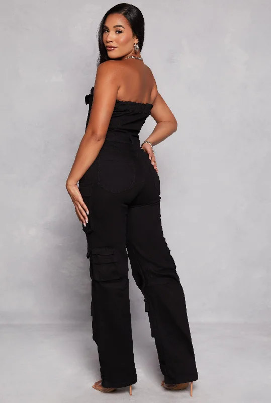 Daisy Denim Strapless Button Front Cargo Jumpsuit