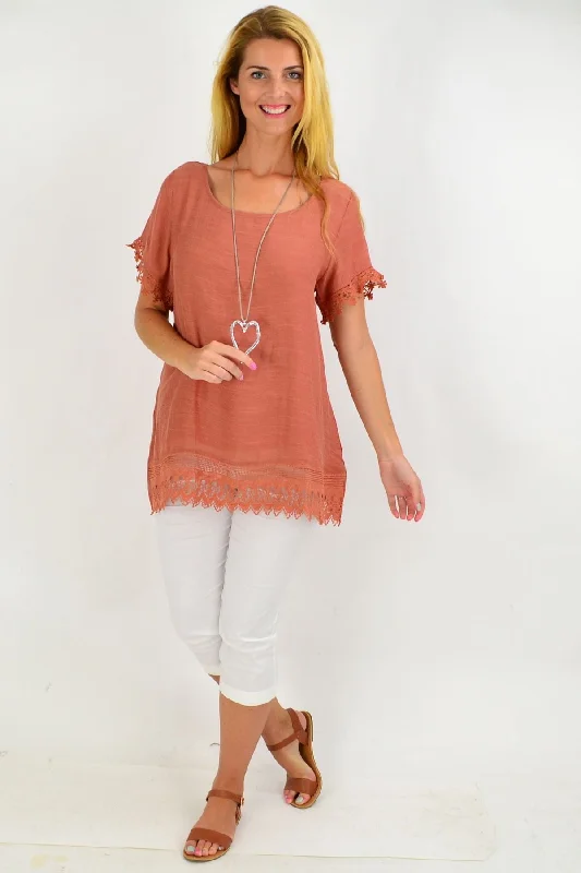 Dark Salmon Lace Trim Tunic Top