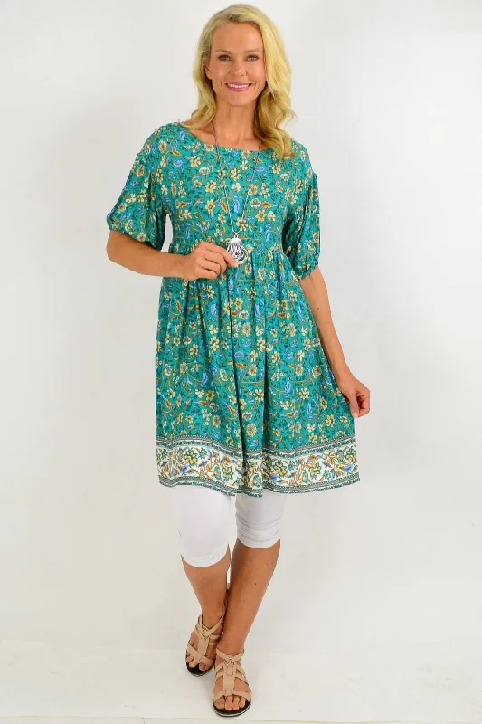 Emerald Green Puff Sleeve Tunic Dress