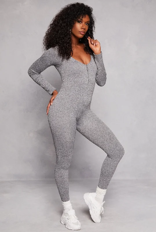 Seamless Ribbed Zip Front Long Sleeve Jumpsuit