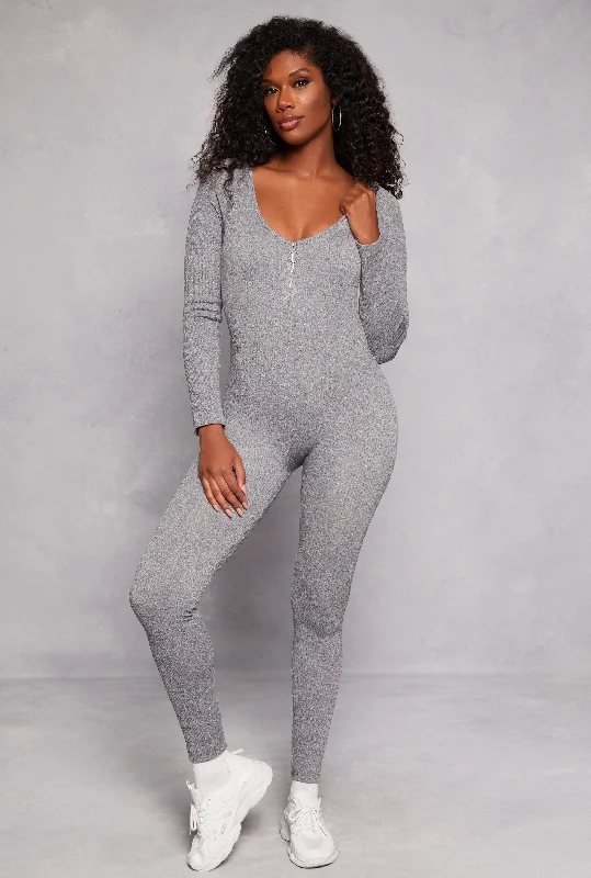 Seamless Ribbed Zip Front Long Sleeve Jumpsuit