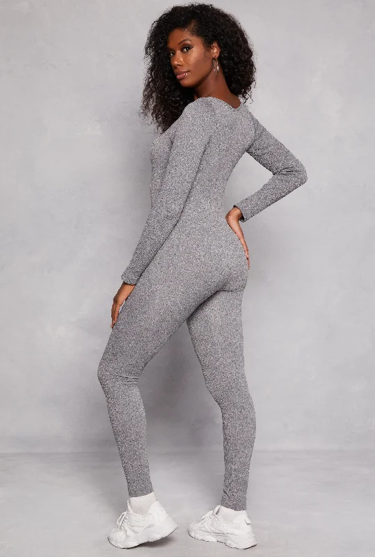 Seamless Ribbed Zip Front Long Sleeve Jumpsuit