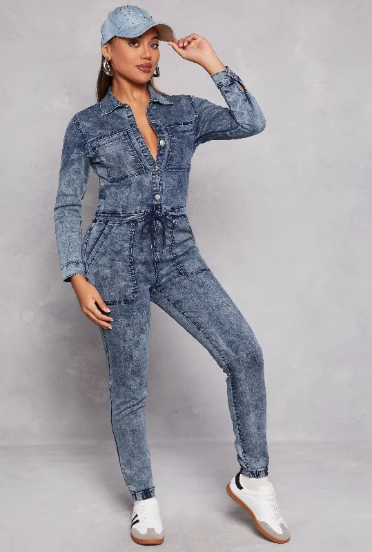 Long Sleeve Acid Wash Denim Jumpsuit