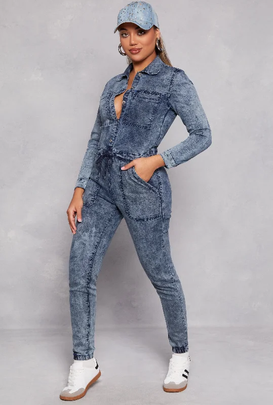 Long Sleeve Acid Wash Denim Jumpsuit