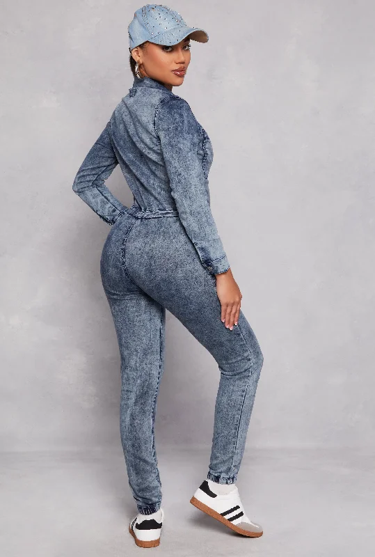 Long Sleeve Acid Wash Denim Jumpsuit