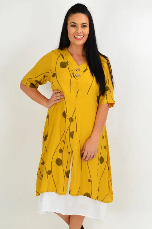 Mustard Line Dot Overlay Tunic Dress