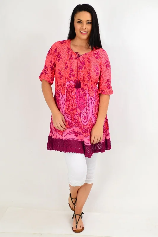 Orange Pink Paisley Lace Trim Tunic Top