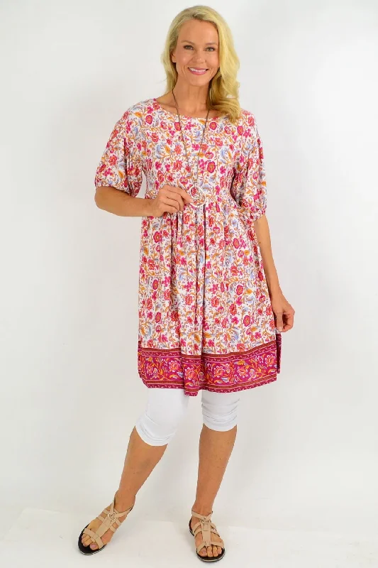 Pink Floral Puff Sleeve Tunic Dress