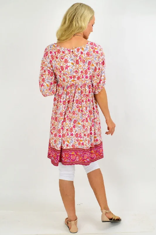 Pink Floral Puff Sleeve Tunic Dress