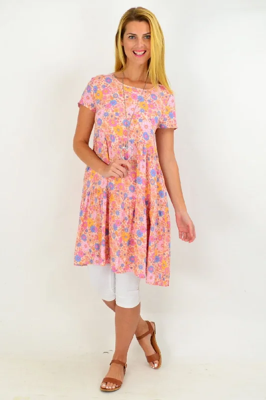 Pink Floral Ruffle Tunic Dress