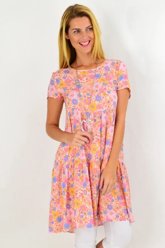 Pink Floral Ruffle Tunic Dress