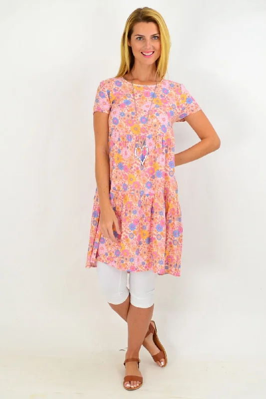 Pink Floral Ruffle Tunic Dress