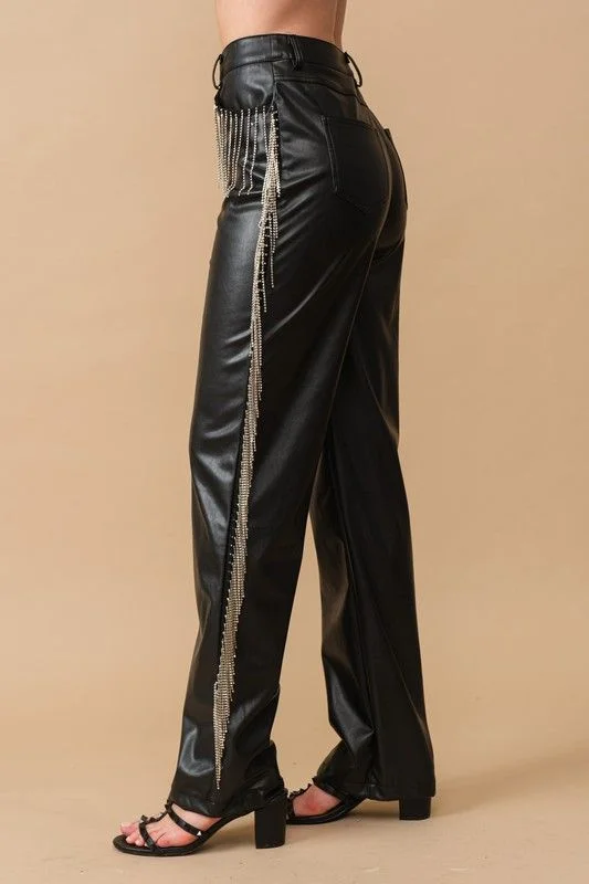 Rhinestone Fringe Leather Pants