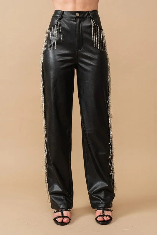 Rhinestone Fringe Leather Pants