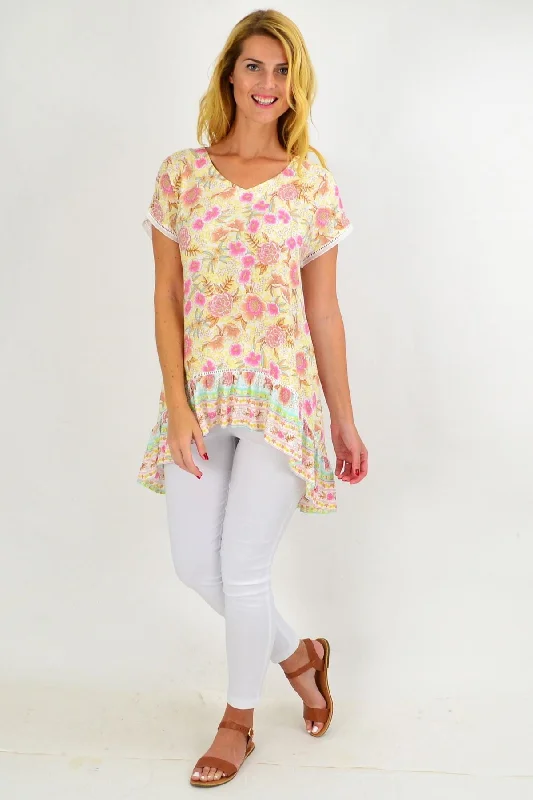 Yellow Pink Floral Hi Low Tunic Top