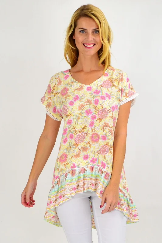 Yellow Pink Floral Hi Low Tunic Top