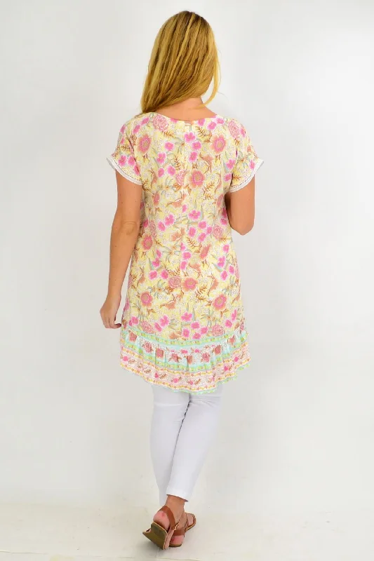 Yellow Pink Floral Hi Low Tunic Top