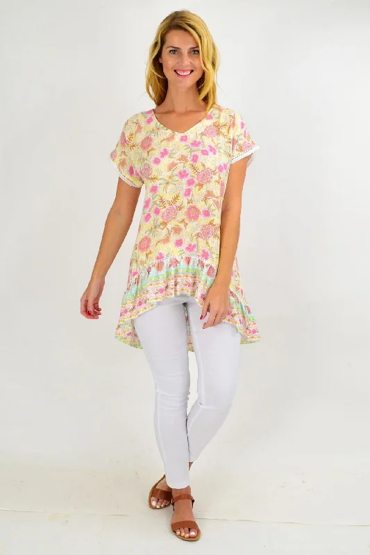 Yellow Pink Floral Hi Low Tunic Top