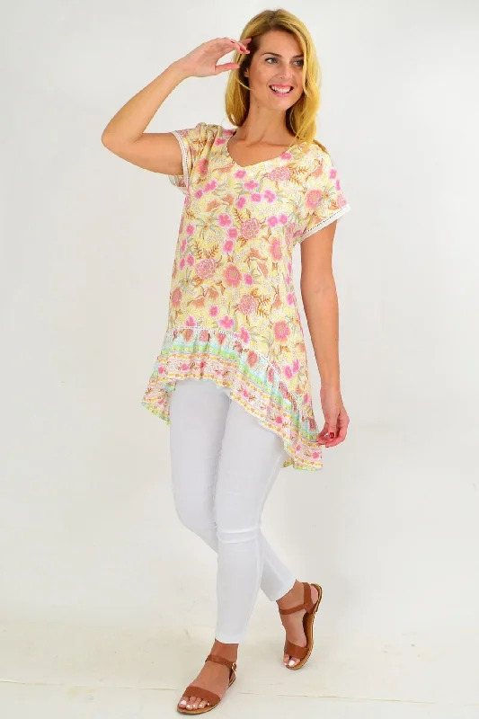 Yellow Pink Floral Hi Low Tunic Top