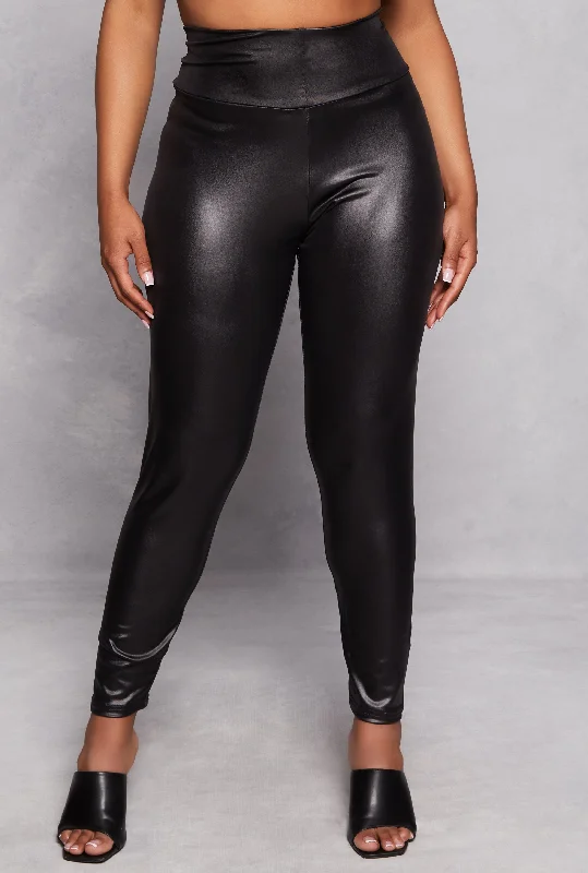 Plus Size Solid Faux Leather High Waist Leggings